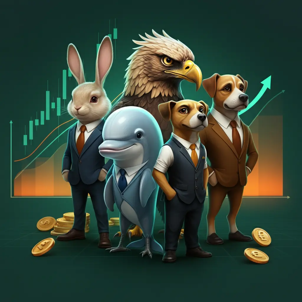 The CopyTraders Club trading team featuring Dash the rabbit, Dexter the dolphin, the Golden Eagle, and Barkley the hound standing together as champions.